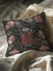 Elegant black pillowcase featuring detailed coral-red beetle illustration centered amid symmetrical pink flowers and gray-green foliage. The dark background enhances the intricate entomology artwork with fine detailing throughout the botanical and insect elements.